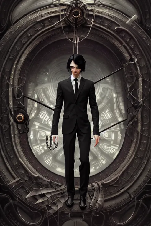 Image similar to ultra realistic, thin man in expensive modern business suit, black hair, brown eyes, occult jewelry, goth, fantasy, intricate details, eerie, highly detailed, octane render, 8 k, art by artgerm and alphonse mucha and greg rutkowski