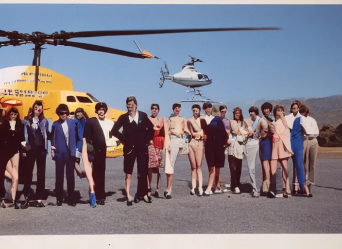 Image similar to color photo. a cool handsome photomodel standingwith hos arm crossed in the 8 0's. girls on both sides. helicopter in the background