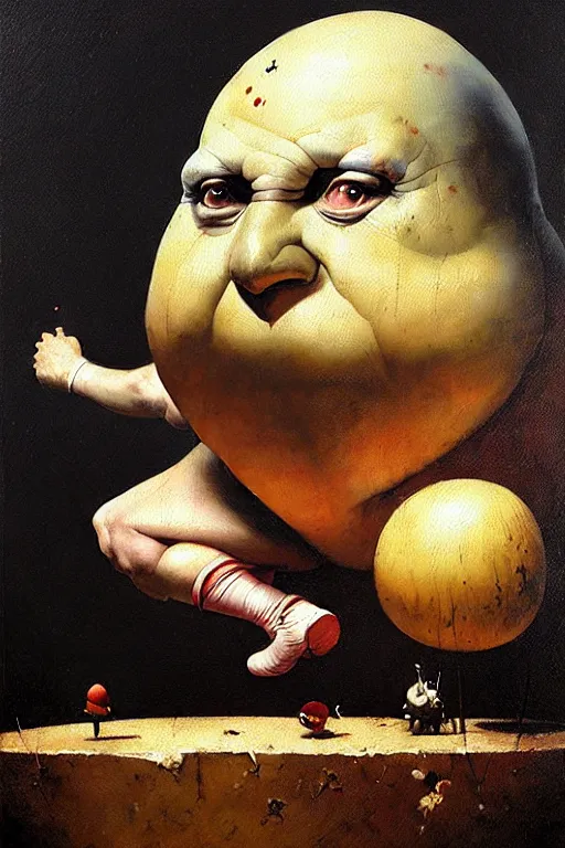 Image similar to hieronymus bosch greg rutkowski, oil painting of humpty dumpty, tweedle dum