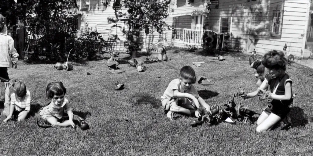 Image similar to kids playing with alien toy in their front yard, 1 9 5 0 s picture