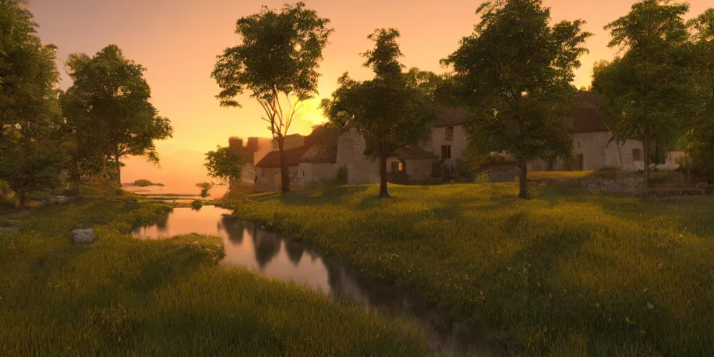 Prompt: a serene landscape with a medieval village near a lake at sunset, soft lighting, path tracing, complementary colors, calm, natural lighting, high quality, 4k, low contrast, highly detailed, octane render, unreal engine 5