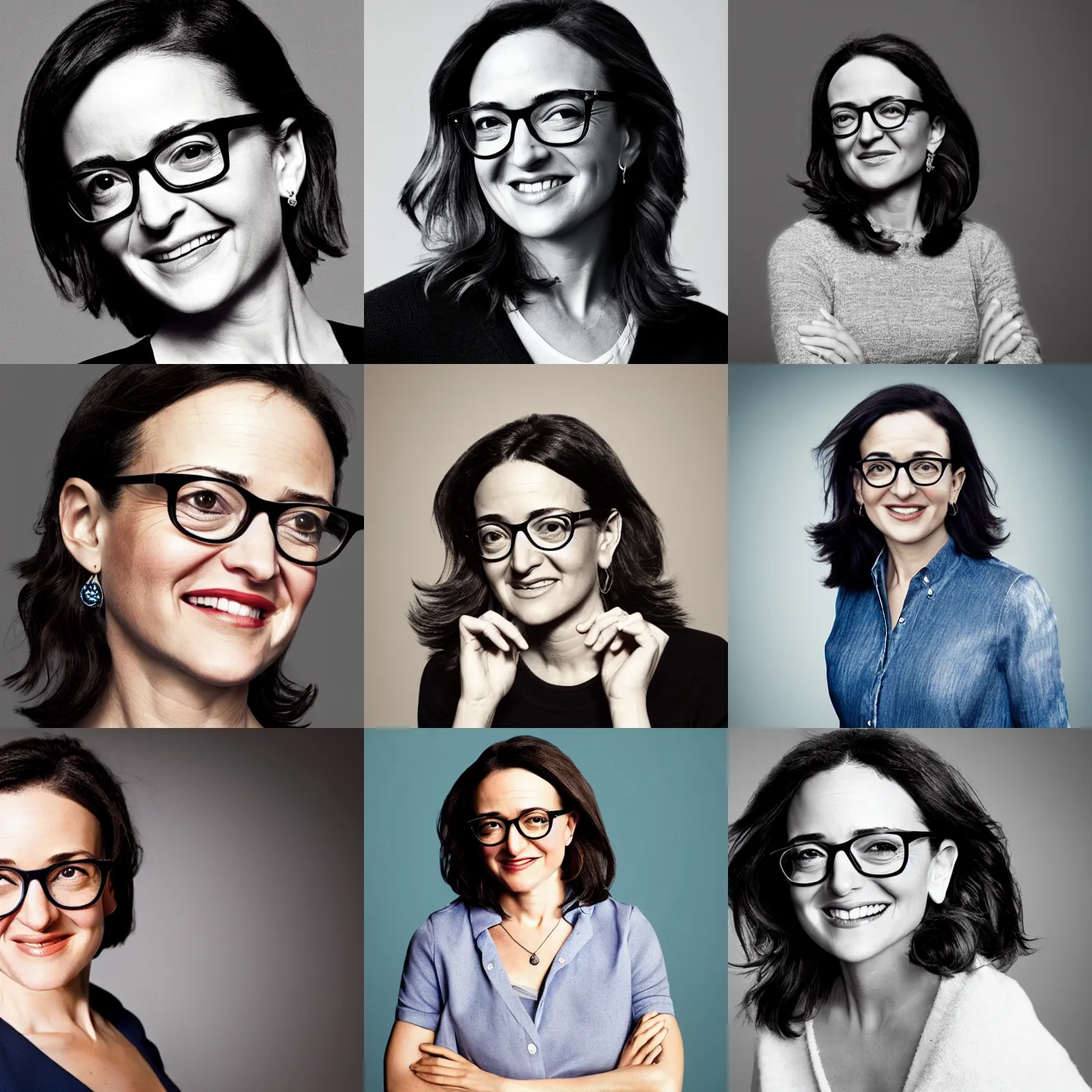 Prompt: Photo of Sheryl Sandberg wearing Warby Parker glasses, soft studio lighting, photo taken by Martin Schoeller for Abercrombie and Fitch, award-winning photo, 24mm f/1.4