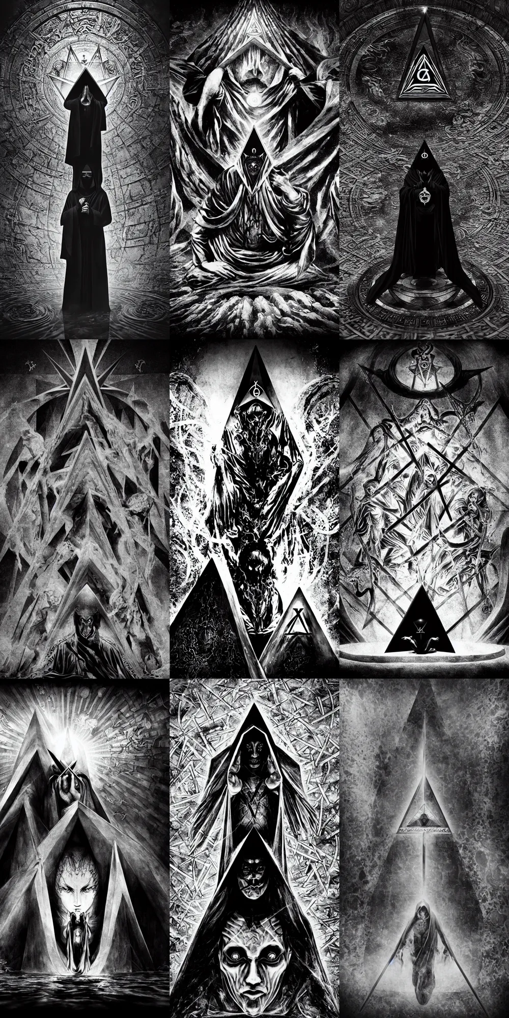 Prompt: Demonic masonic style occult hyperrealism cinematic dark magus style seinen manga film still inspired by occult alchemy(1920), submerged temple ritual scene, extreme closeup portrait of hooded cult master consuming regalia for infinite disciples, half submerged in heavy sand, tilt shift zaha hadid designed babylonian temple background, Panavision X III , 8K, 35mm lens, three point perspective, chiaroscuro, highly detailed, golden ratio composition