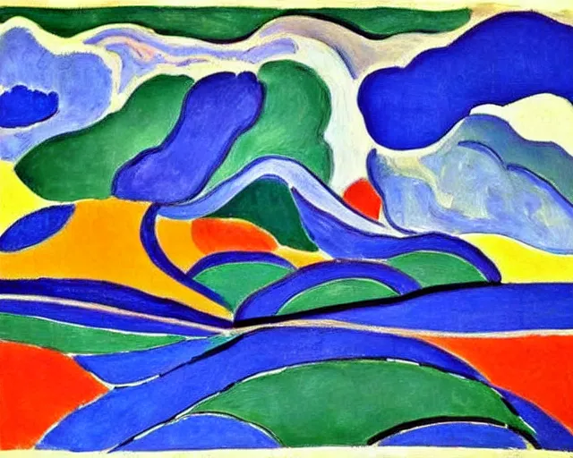 Prompt: Matisse landscape painting. Insane, modernist. Wild energy patterns rippling in all directions. Curves, organic, zig-zags. Saturated color. Mountains. Clouds. Waves. Rushing rivers.