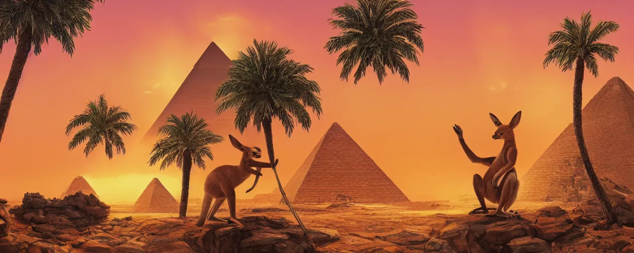 Prompt: a professional portrait, of an anthropomorphic kangaroo sitting outside of an ancient egyptian pyramid, tropical palm trees and eucalyptus trees everywhere, rocky desert cliffs in background, sunset, sunrays, cinematic lighting, ancient egyptian architecture buildings, detailed, artstation, omni magazine, orange sky, h - 6 4 0