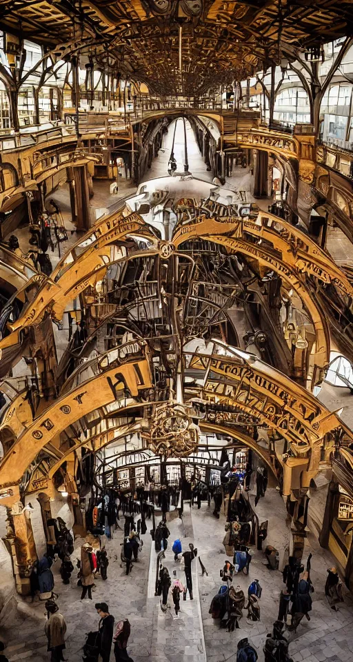 Image similar to interior of a steampunk victorian railway station, people everywhere, atmospheric, dramatic architecture