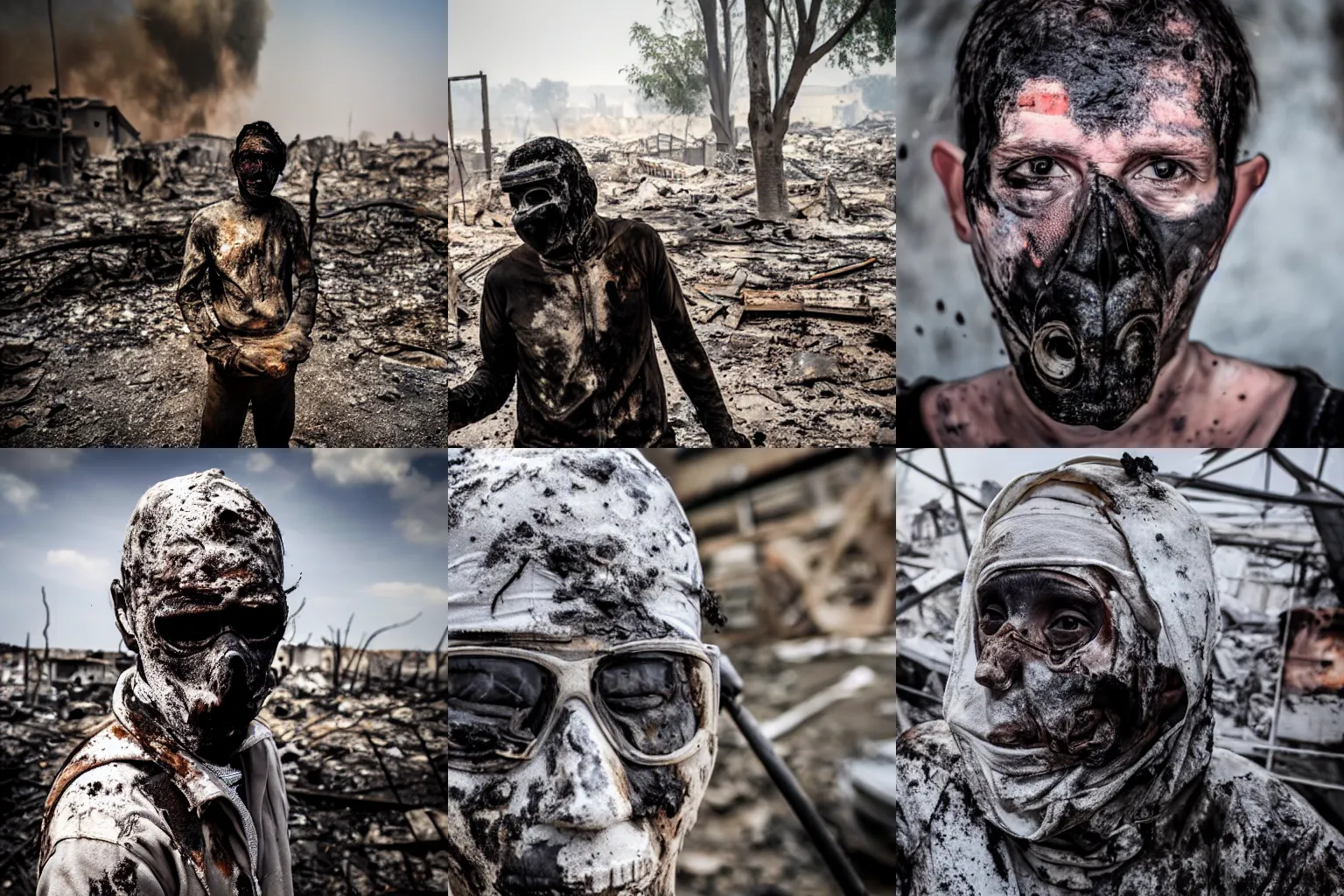 Prompt: photograph of a journalist covered in ash and burns in a warzone, dslr