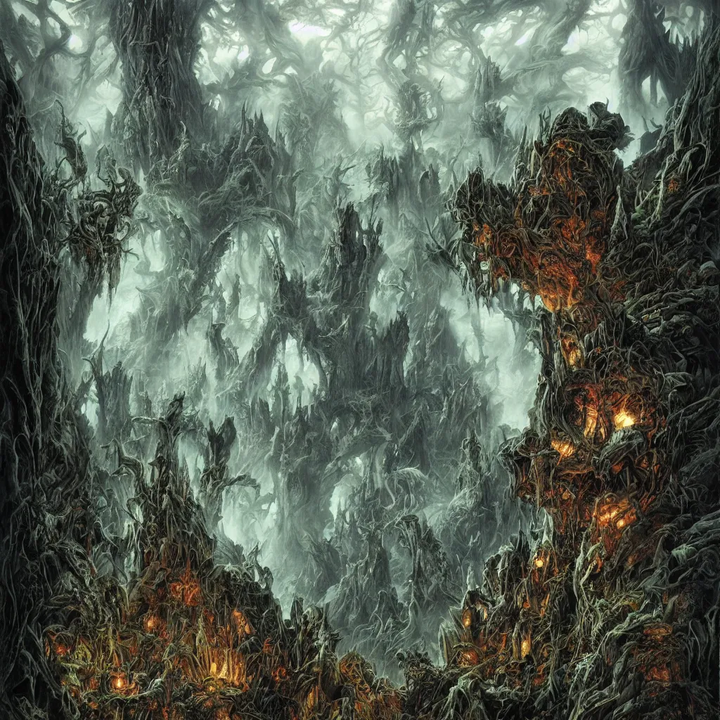 Prompt: cursed evil mountains of malevolence, upward cinematic angle, by rodney matthews, michael kaluta and bill sienkiewicz, ghostly darkness, thick lush woodland atmosphere, stunning composition, roaring monster faces, intricate, elegant, digital art, hyperdetailed, colorful hyperrealism, brilliant photorealism, horror masterpiece, 4k