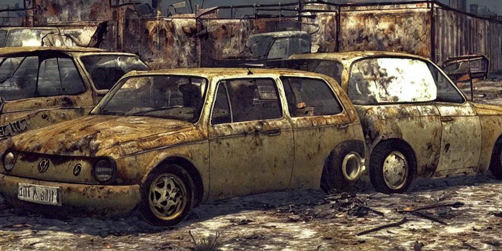 Prompt: Rusty Volkswagen Golf, screenshot from game Fallout 2 (1998), postapocalyptic