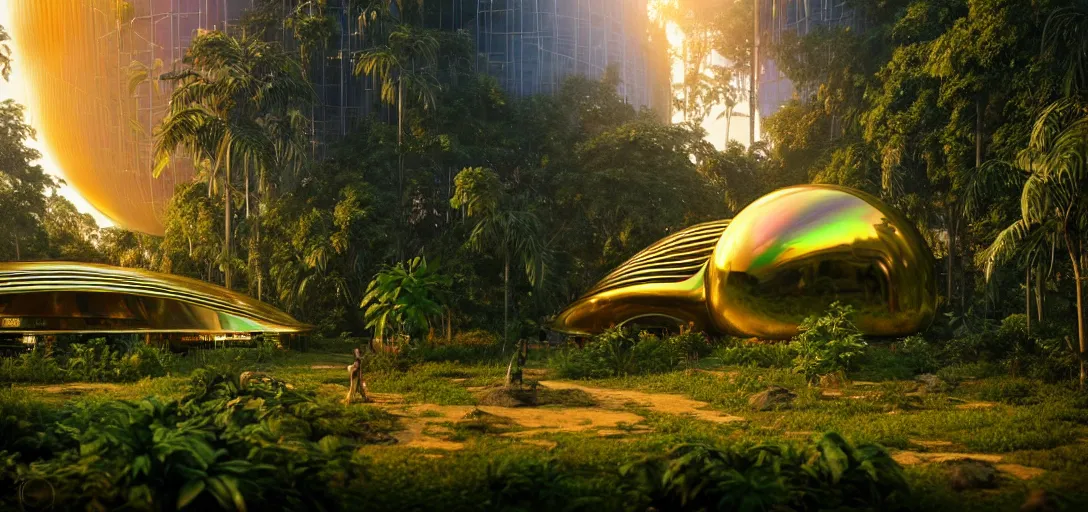 Image similar to futuristic shinny golden iridiscent mirror building in an jungle landscape of a biopunk city by taras shevchenko and wlop, movie poster, golden ratio, evening lighting, film still, realistic, octane render redshift arnold materials unreal engine, 8 k post production, hyper detailed