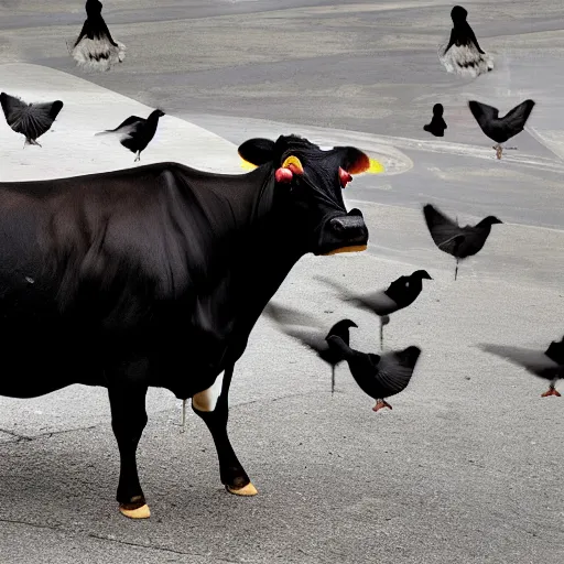 Image similar to a cow made of pigeons