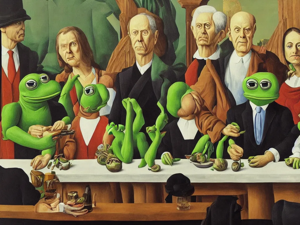 Prompt: pepe the frog last supper painting magritte, renaissance, american gothic