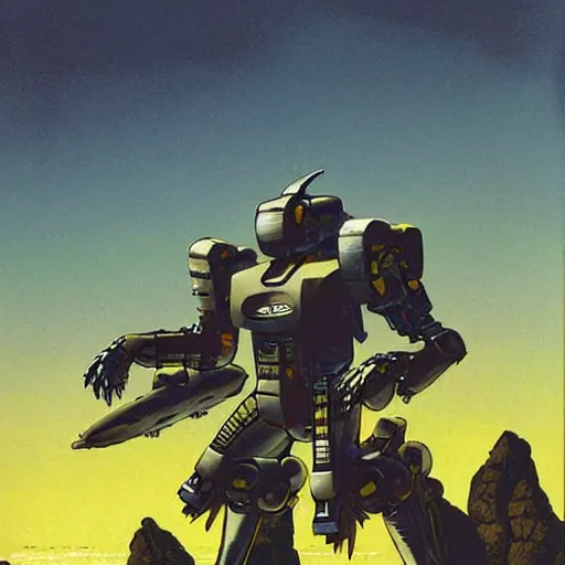 Image similar to humanoid combat mecha by chris foss, rodger dean, moebius, michael whelan