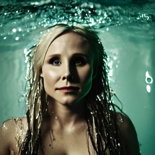 Prompt: Kristen Bell as a mermaid, grungy, unkept hair, glowing eyes, modelsociety, wet from rain, radiant skin, huge anime eyes, bright on black, dramatic, studio lighting, perfect face, intricate, Sony a7R IV, symmetric balance, polarizing filter, Photolab, Lightroom, 4K, Dolby Vision, Photography Award