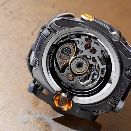 Image similar to a perfectly detailed gshock watch concept steampunk, metaverse, cyberpunk