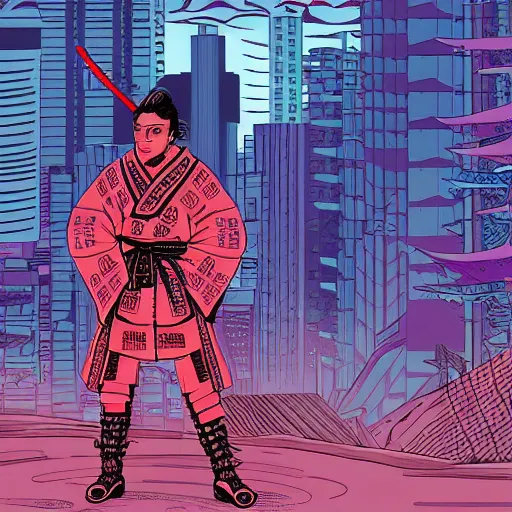 Prompt: cyberpunk samurai in a synth wave city, in the style of hokusai