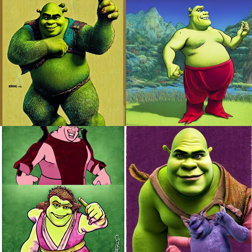 Prompt: Shrek by hirohiko araki