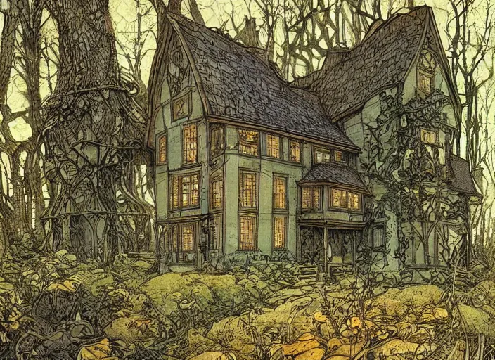 Prompt: house in a clearing in the middle of the forest, beautifully lit, steampunk, by rebecca guay, by francois schuiten