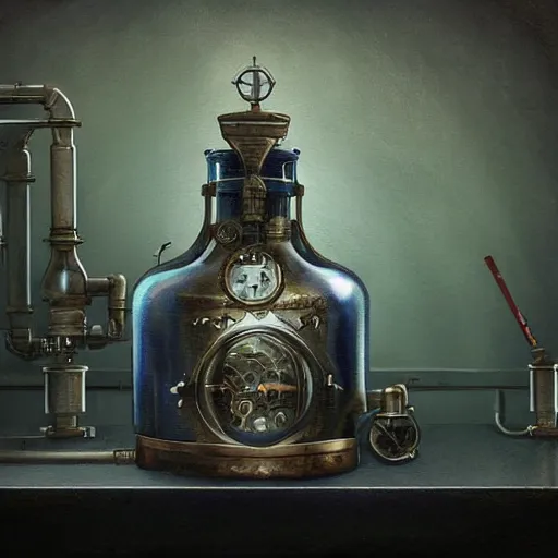 Prompt: a steampunk painting of a mechanical dark blue steaming potion bottle, in a dark dusty vintage science lab, by h. r. giger, hyperrealistic fantasy art, concept matte, ethereal, dreamy, digital art, trending on artstation, volumetric cinematic lighting