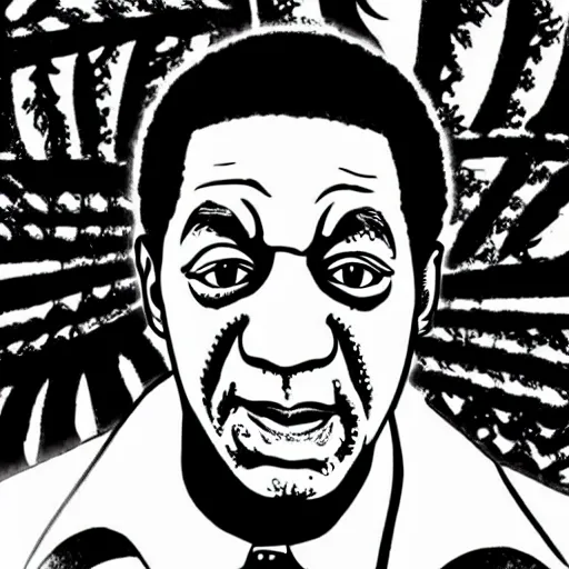 Prompt: bill cosby, in the style of manga, black and white, detailed, serious, epic