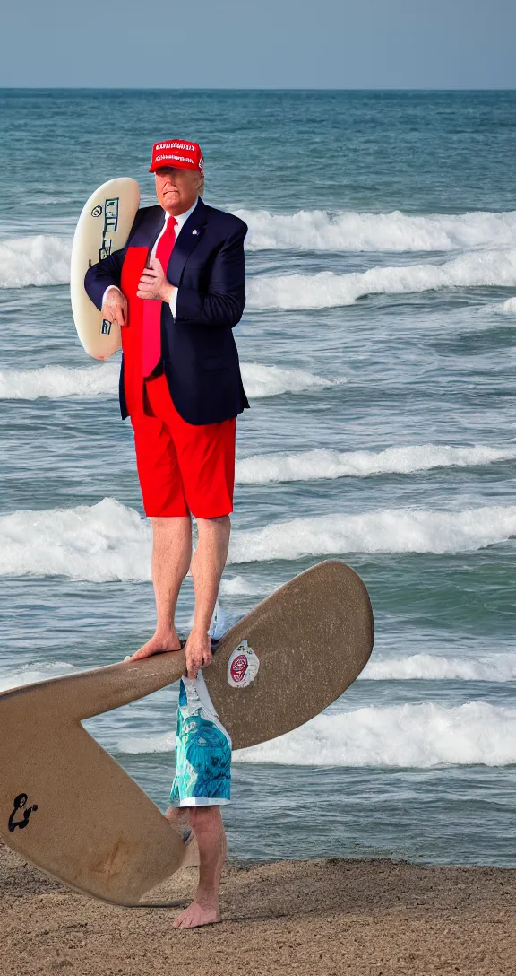 Image similar to Donald Trump holds a surfboard standing near the breakwater at a beach, Chunky old Trump wears tropical board shorts and sandals with a smug look, 4k, sharp focus, photo by professional