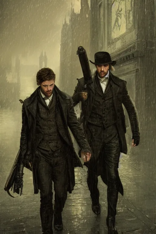 Image similar to a detailed matte portrait of jensen ackles and jared padalecki in a supernatural sherlock holmes story, 1 8 th century london in the rain, city streets, ominous, masterpiece, 8 k, art by alphonse mucha and greg rutkowski