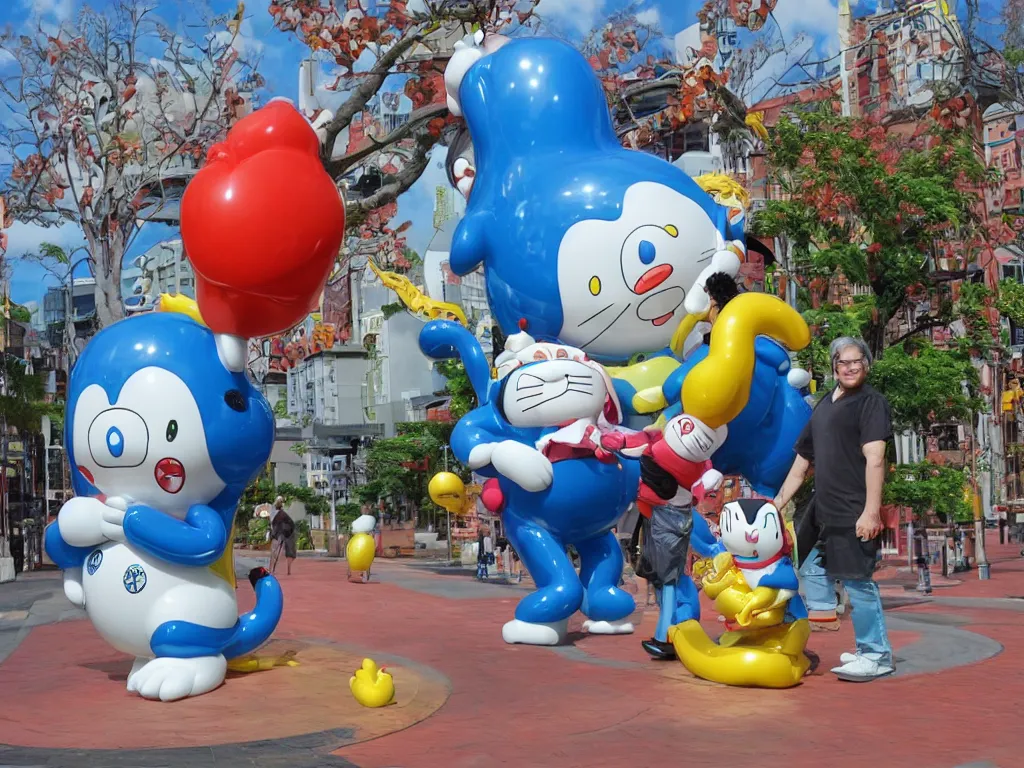 Prompt: Jeff Koon’s Doraemon Dorami Fractal Dragon statue, painted by Botero