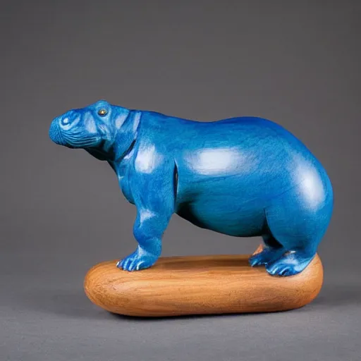 Image similar to a small smooth hippo statue carved from natural wood, dipped in polished blue ceramic, half and half, mixed media, side view