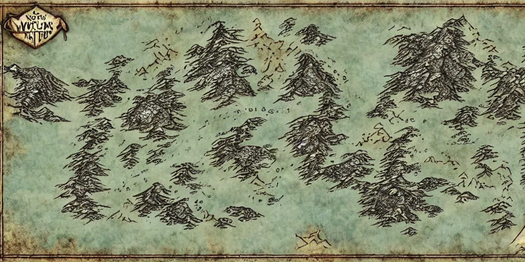 Image similar to wolf's face.medieval fantasy map, mountains, islands, forests. Map-style Skyrim, Lord of the rings map, zelda breath of the wild map, video game style, drawing on a parchment