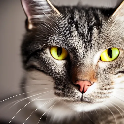 Image similar to Cat looking disappointed, on kitchen table, 40nm lens, shallow depth of field, split lighting, 4k,