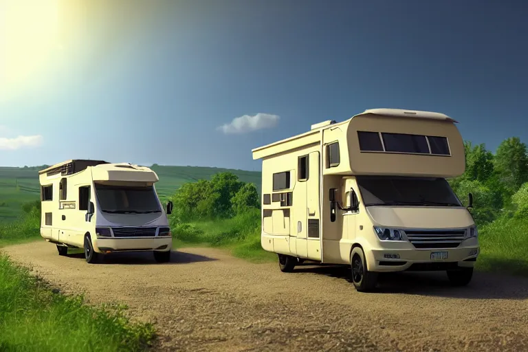 Image similar to a wholesome animation key shot of!! one!! focused! hymer motorhome! in romanian countryside, medium shot, studio ghibli, ( pixar ) and disney animation, sharp, very detailed, high resolution, rendered in unreal engine 5, anime key art by greg rutkowski, bloom, dramatic lighting