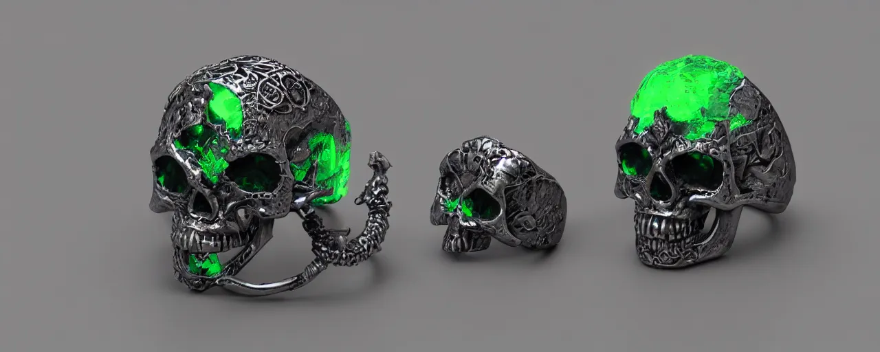 Image similar to simple ring with a skull, ring, skull, black, green mist emanates, smooth shank, crystals, engravings, product design, jewelry, art by gerald brom, greg rutkowski and artgerm and james jean and zdzisław beksinski, 8 k, unreal engine, c 4 d