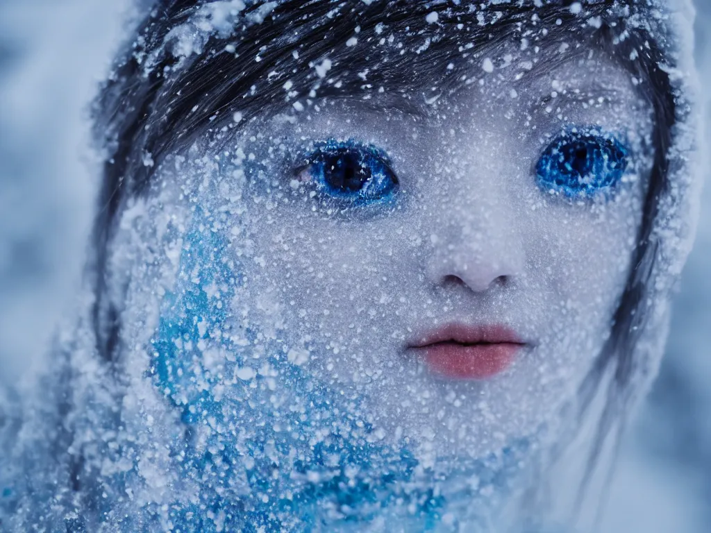 Image similar to the piercing blue eyed stare of yuki onna, mythology, freezing blue skin, mountain blizzard and snow, canon eos r 6, bokeh, outline glow, asymmetric unnatural beauty, blue skin, centered, rule of thirds