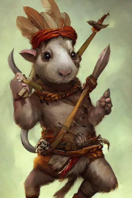 Prompt: cute little anthropomorphic Guinea Pig Indian Jungle native, tiny, small, short, wielding spear, cute and adorable, pretty, beautiful, DnD character art portrait, matte fantasy painting, DeviantArt Artstation, by Jason Felix by Steve Argyle by Tyler Jacobson by Peter Mohrbacher, cinematic lighting