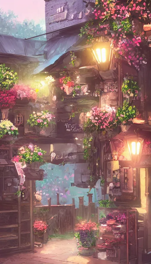 Image similar to a little flower shop's front gate, nostalgic, fresh digital illustrati on, dramatic lighting, pixiv