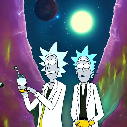 Image similar to rick sanchez and morty smith from rick and morty brewing a potion in space, amazing digital art, highly detailed