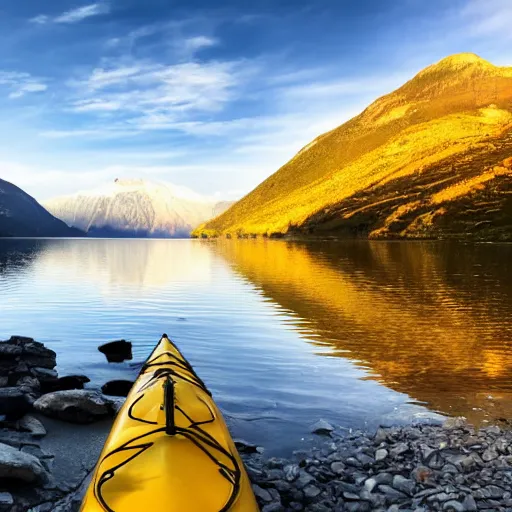 Image similar to a beautiful image of a breathtaking lake with amazing mountains in the background, there is a kayak in the foreground on the beach. landscape image