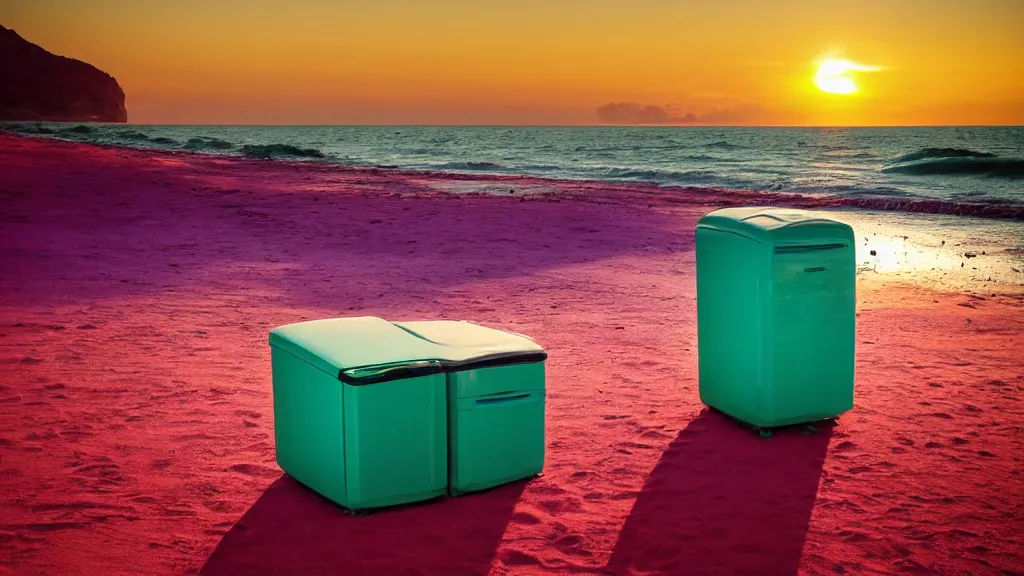 Image similar to purple refrigerator, red sand beach, green ocean, nebula sunset