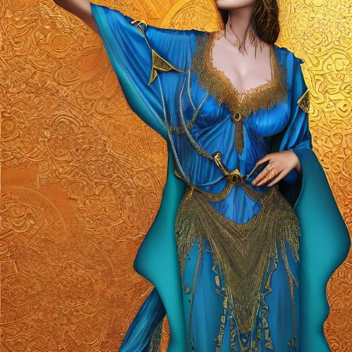 Prompt: a beautiful woman wearing a blue and green kaftan made of silk with golden ornaments and diamonds by alex gray and android jones , Karol Bak, Ayami Kojima, Amano , concept art, character design, fantasy,3D, 8k resolution