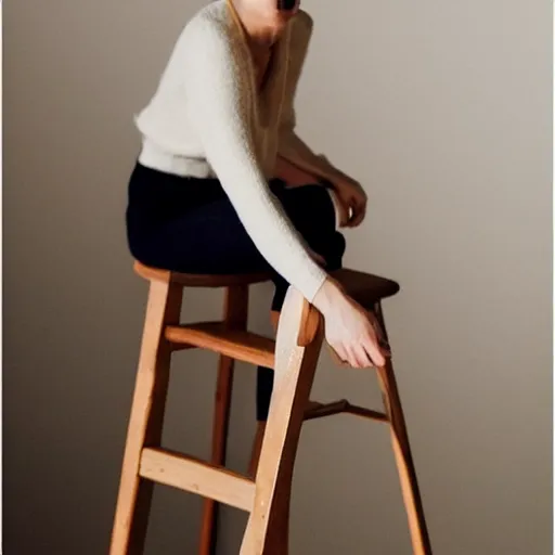 Image similar to a woman sitting on top of a wooden stool, a polaroid photo by louisa puller, trending on pinterest, minimalism, white background, studio portrait, minimalist