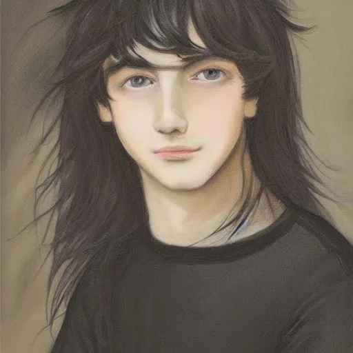 Prompt: painting of a long black haired boy! teenager!! with a black sweater, renaissance!!! painting!!!, ultra detailed, masterpiece