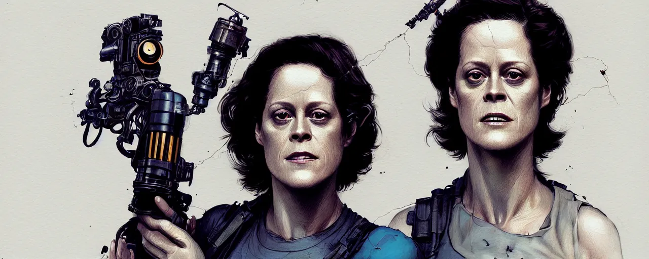 Image similar to duotone dark concept illustration 3 / 4 portrait of sigourney weaver as ellen ripley with flame thrower. cinematic volumentric lighting space. golden ratio accidental renaissance. by sachin teng and sergey kolesov and ruan jia and heng z. graffiti art, scifi, fantasy, hyper detailed. octane render. concept art. trending on artstation