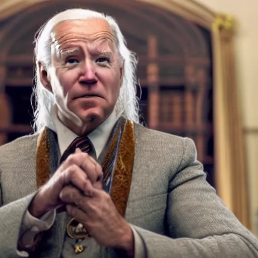 Image similar to Film still of Joe Biden as Dumbledore in Harry Potter, 4k, hd