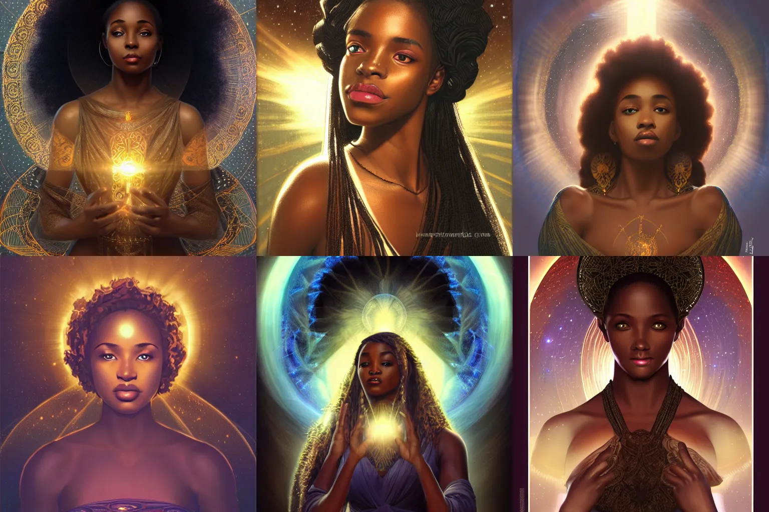 Prompt: black african princess, warm volumetric lighting, cosmic, symmetric, highly detailed, elegant, concept art, heavenly, angelic, god rays, glowing aura, light speed, intricate, sharp focus, illustration, alexandros pyromallis, bouguereau, rutkowski, artgerm, alphonse mucha