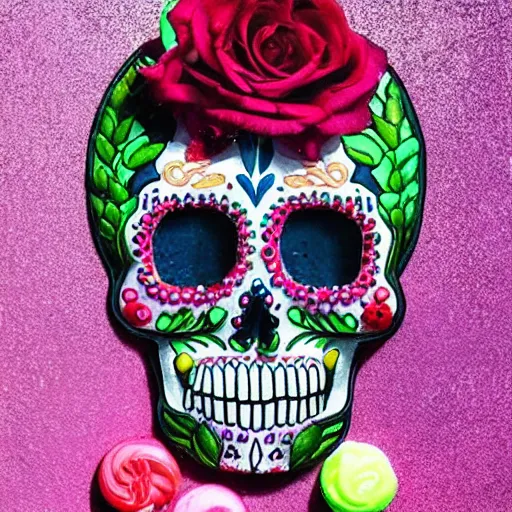 Prompt: a sugar skull made out of candy photo realistic hyper realism