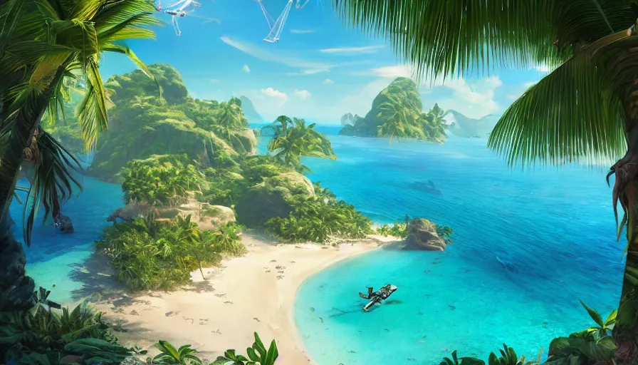 Image similar to tropical island with palms, drone view, top lighting, art by artgerm and charlie bowater and wenjun lin and gil elvgren, ilya kuvshinov, mary jane ansell, cryengine, lumion render, 8 k realistic, hyper detailed, digital painting, artstation, concept art, ray tracing, realistic shaded