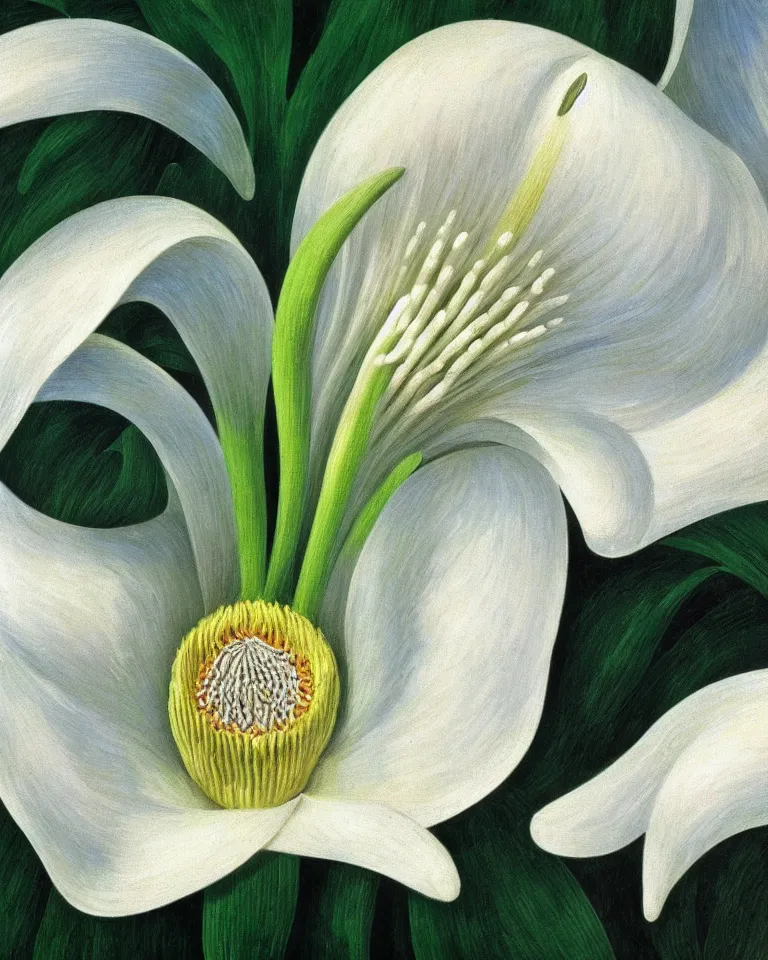 Image similar to achingly beautiful extreme close up painting of one white lily blossom by rene magritte, monet, and turner. piranesi. macro lens, symmetry, circular.