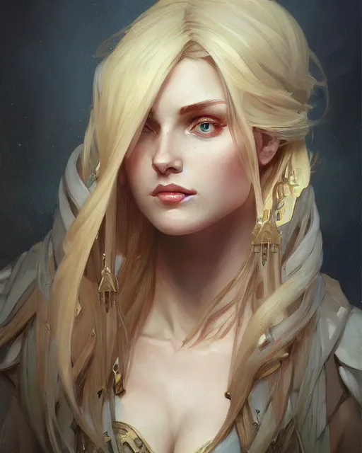 Image similar to '' Portrait of Beautiful blonde Slavic woman, league of legends, LOL, fantasy, d&d, digital painting, artstation, concept art, sharp focus, illustration, art by greg rutkowski and alphonse mucha ''