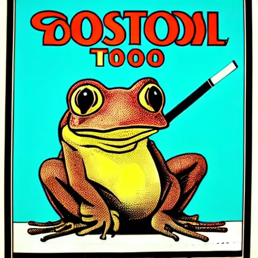 Image similar to A 1980s informational poster from a convention center displaying a cool toad smoking a cigarette. highly detailed, sharp focus, HQ, post grunge, subtle colors.