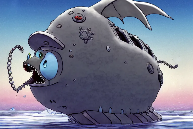 Image similar to cell shaded cartoon of a giant lovecraftian mechanized grey sunfish from howl's moving castle ( 2 0 0 4 ), in an icy river, full body, wide shot, very muted colors, post grunge, studio ghibli, highly detailed, deviantart, art by artgem